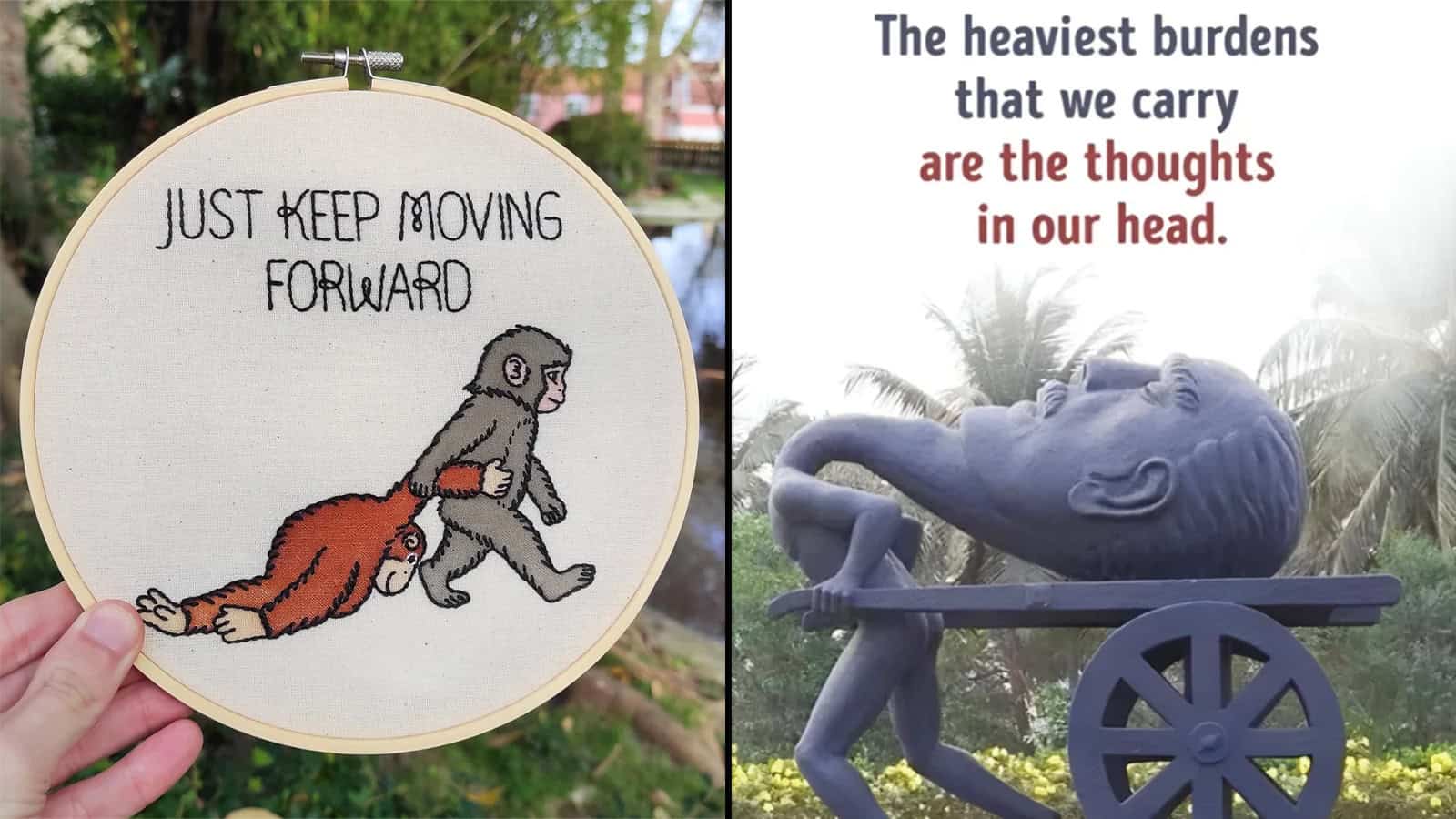 Embroidery of a monkey pulling a dog with the text 'Just keep moving forward'.