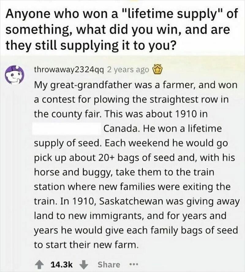 A meme about winning a lifetime supply of seed, with a story about a farmer grandfather.