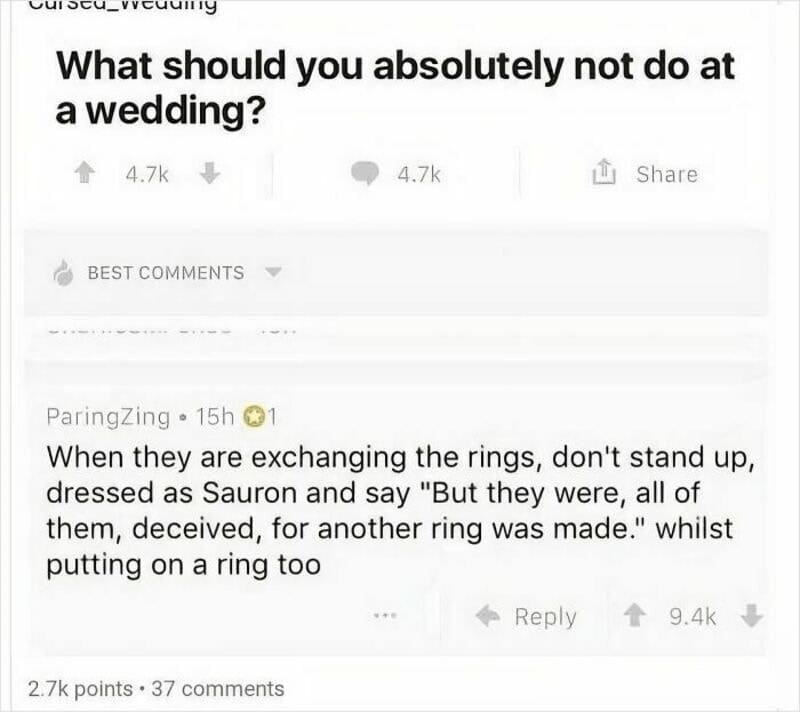 Reddit post about wedding ring exchange with humorous comment.