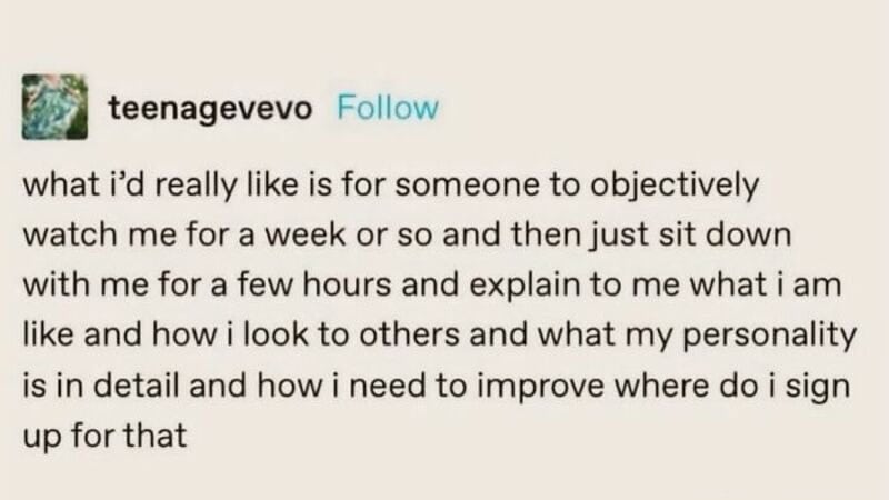A social media post about wanting someone to observe and understand their personality.