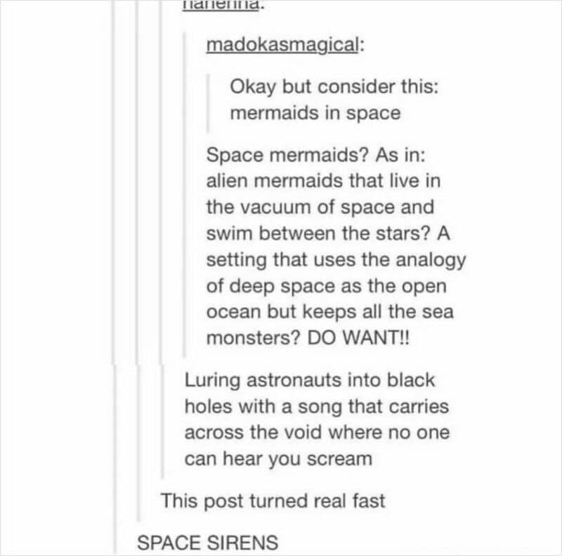 Text about space mermaids, aliens, and space sirens from a Tumblr post.