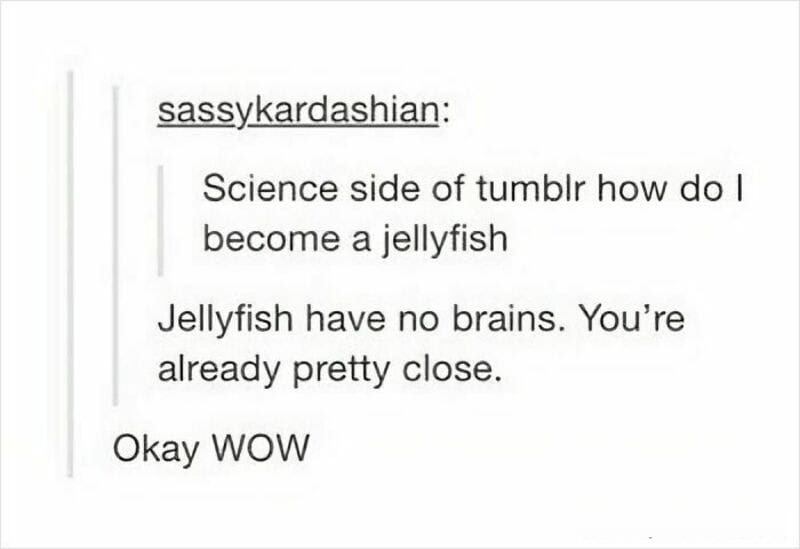 Text post about becoming a jellyfish, mentioning jellyfish have no brains.