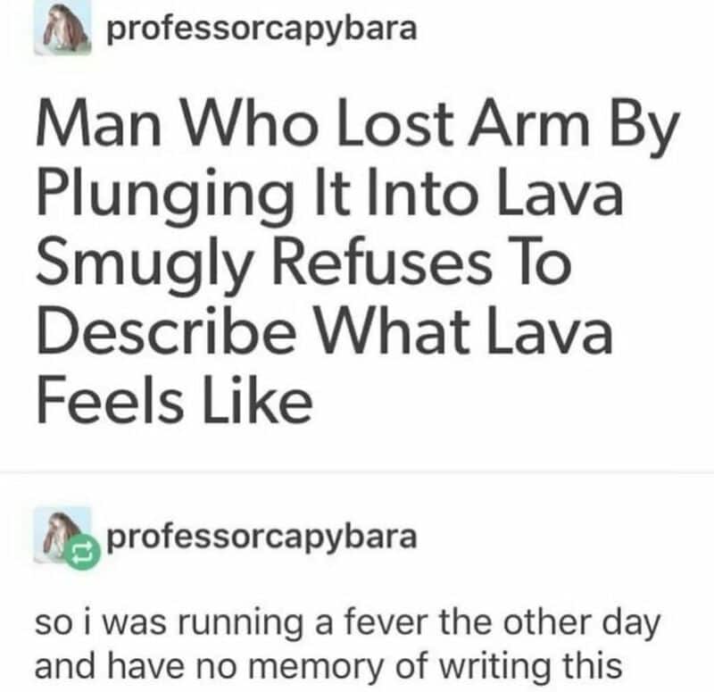 Man who lost arm by plunging it into lava, humorously refuses to describe lava's feel.