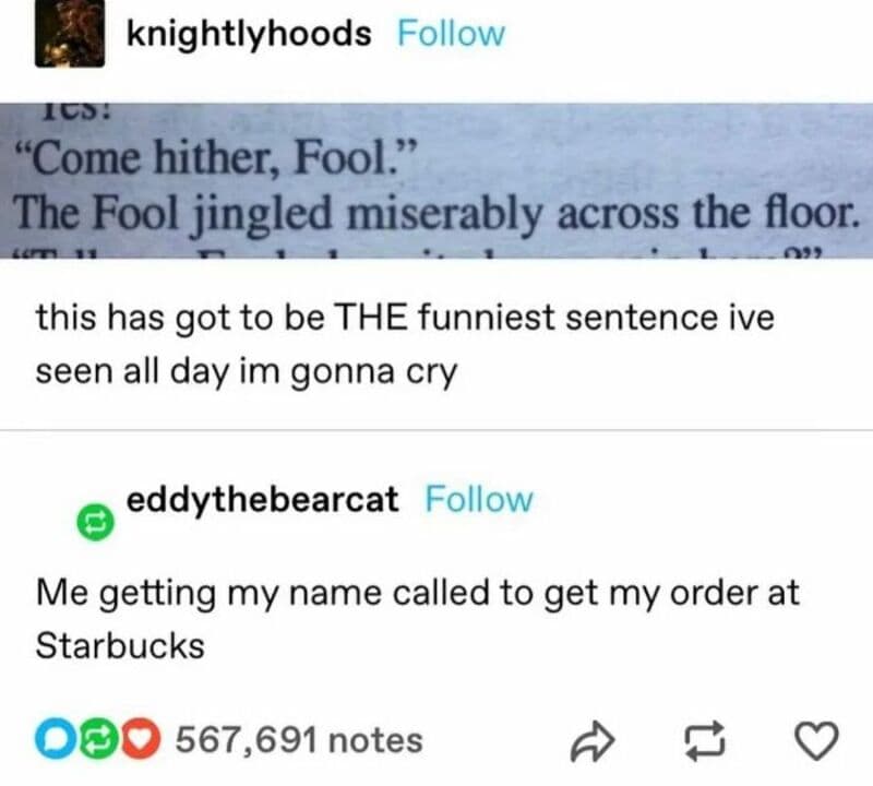 Humorous Tumblr post about a funny sentence and Starbucks order.