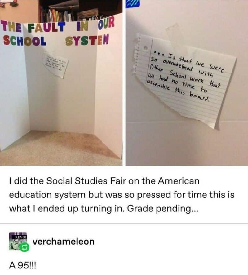 School project display with colorful letters and a handwritten note.