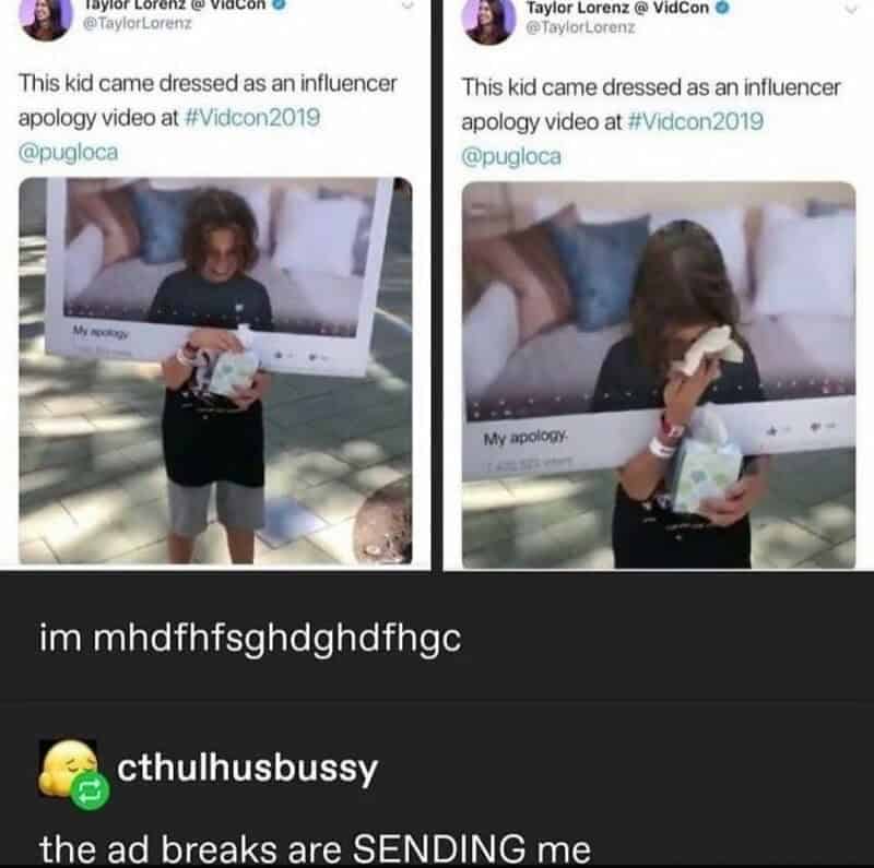 Child dressed as influencer holding a sign that says 'My apology' at VidCon 2019.