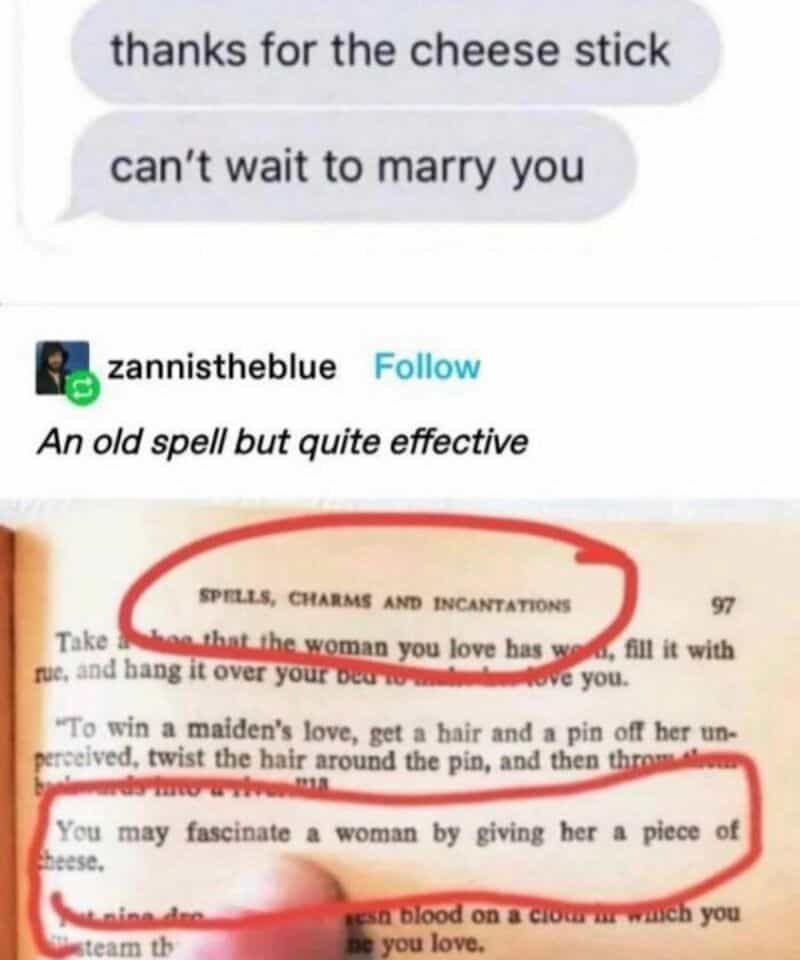 Screenshot of a text message and a book page about spells and charms.