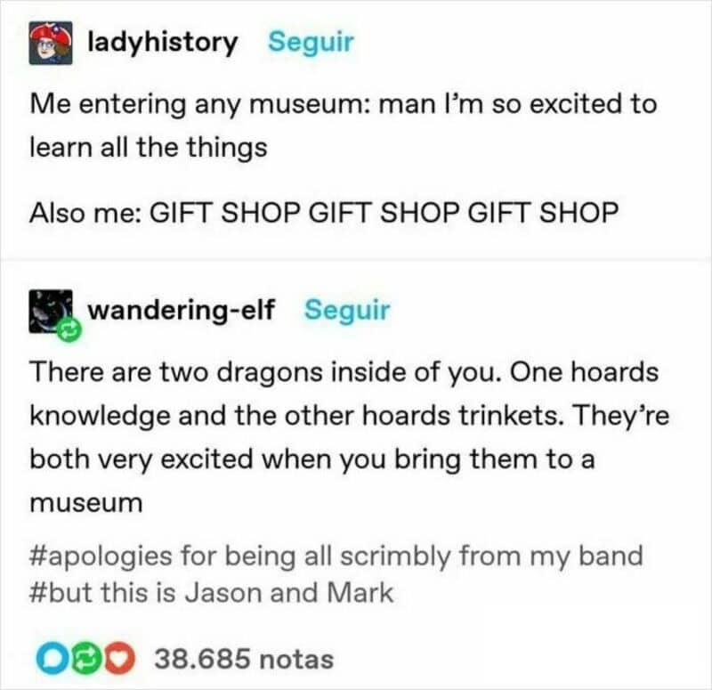 Two Tumblr posts with humorous text about museums and dragons.