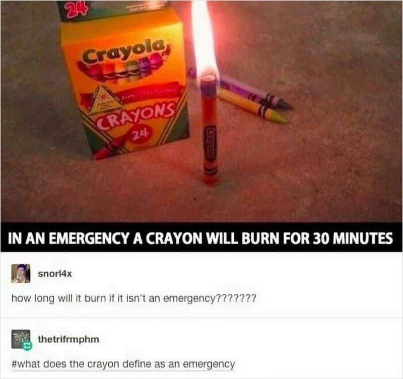 Crayola crayon burning for 30 minutes in an emergency, with a box of crayons and a lit crayon.