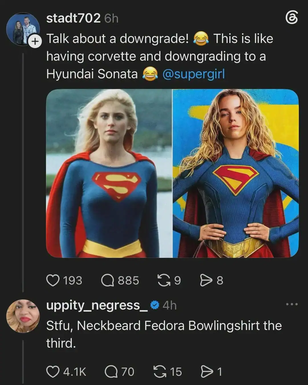 Comparison of two Supergirl costumes, one with a red cape and the other with a blue hoodie.