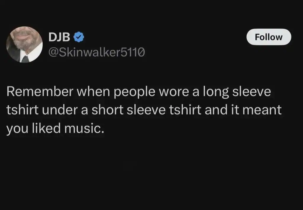 Twitter post by DJB about long sleeve shirts and music.