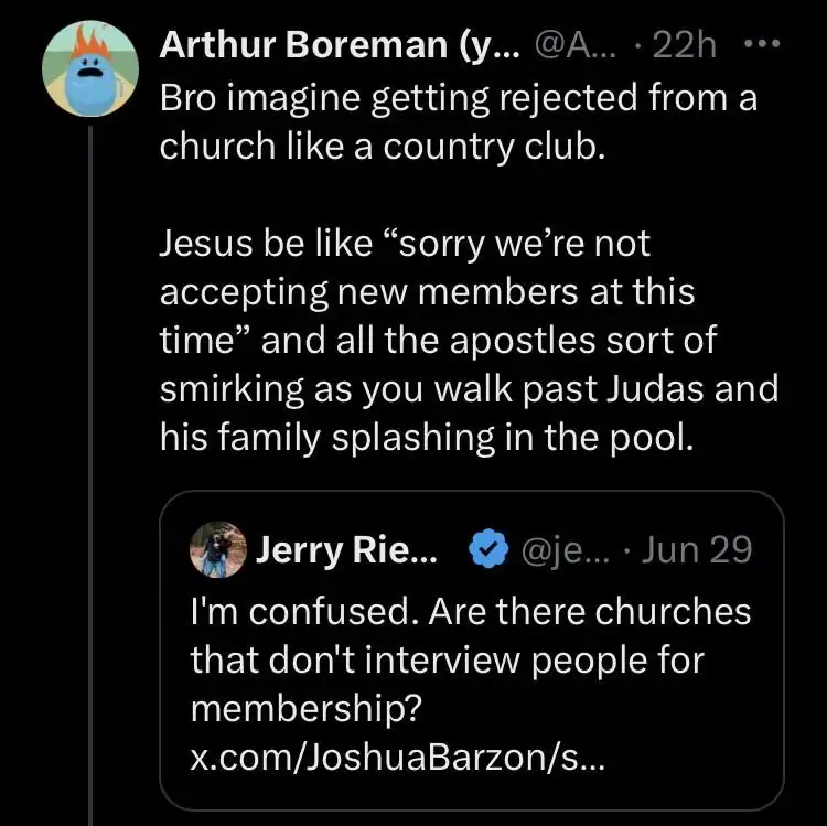 Twitter post about church rejection and Jesus' smirking at Judas.