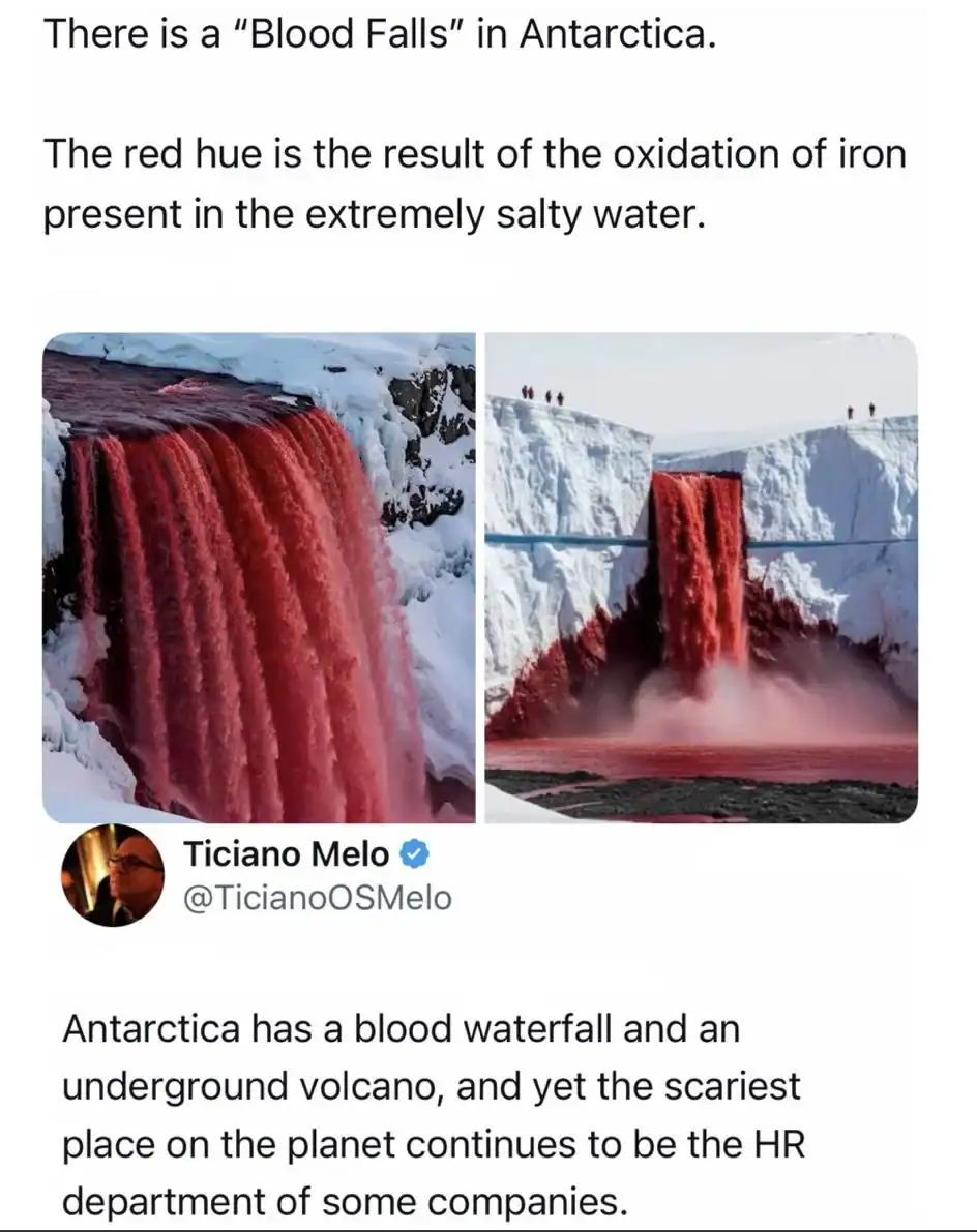Blood Falls in Antarctica, showing red water flowing from a glacier.