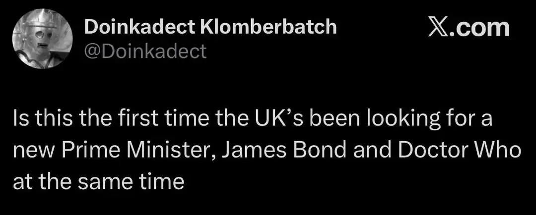 Twitter post questioning if UK is looking for both James Bond and Doctor Who as Prime Minister.