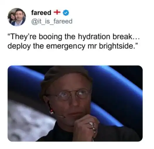Screenshot of a tweet by fareed with a woman in glasses and a headset.