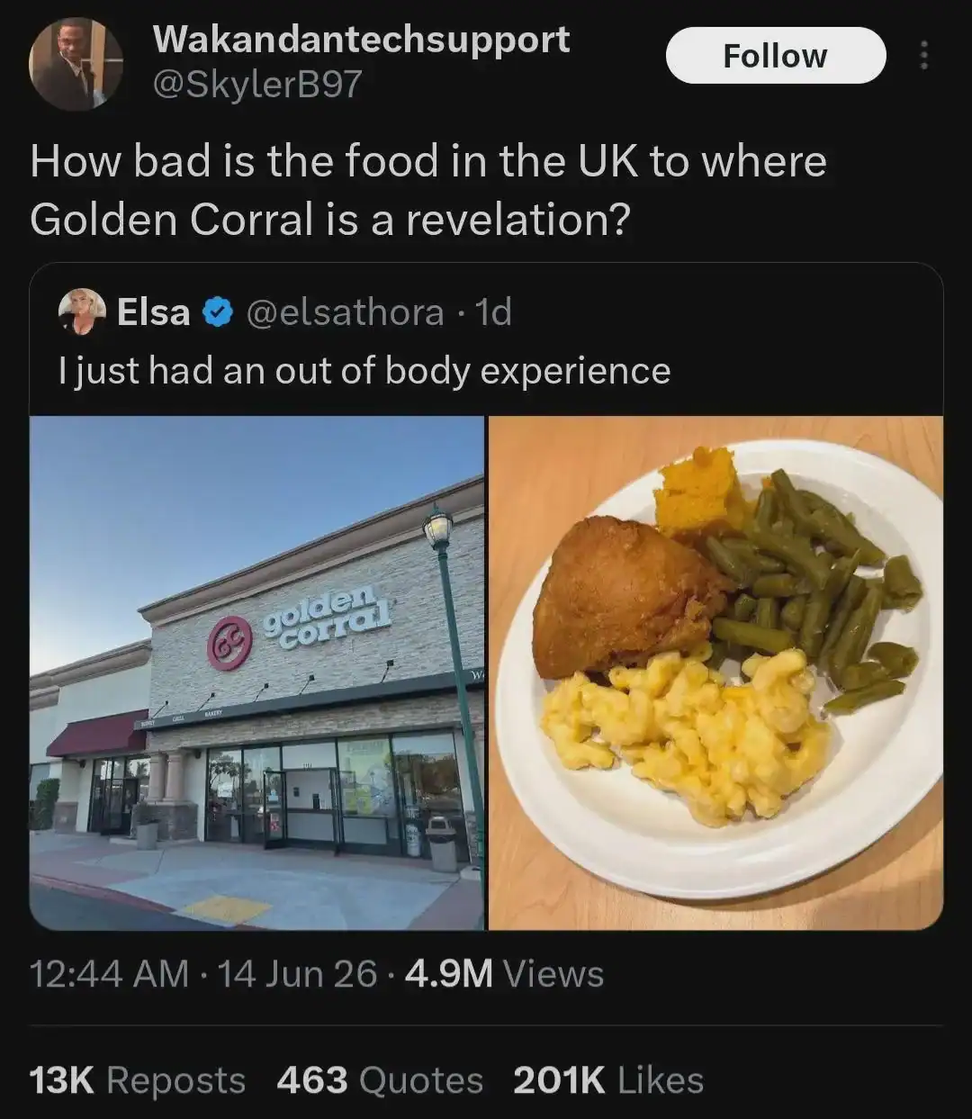Tweet about food quality at Golden Corral in the UK with a photo of the restaurant and a plate of un.