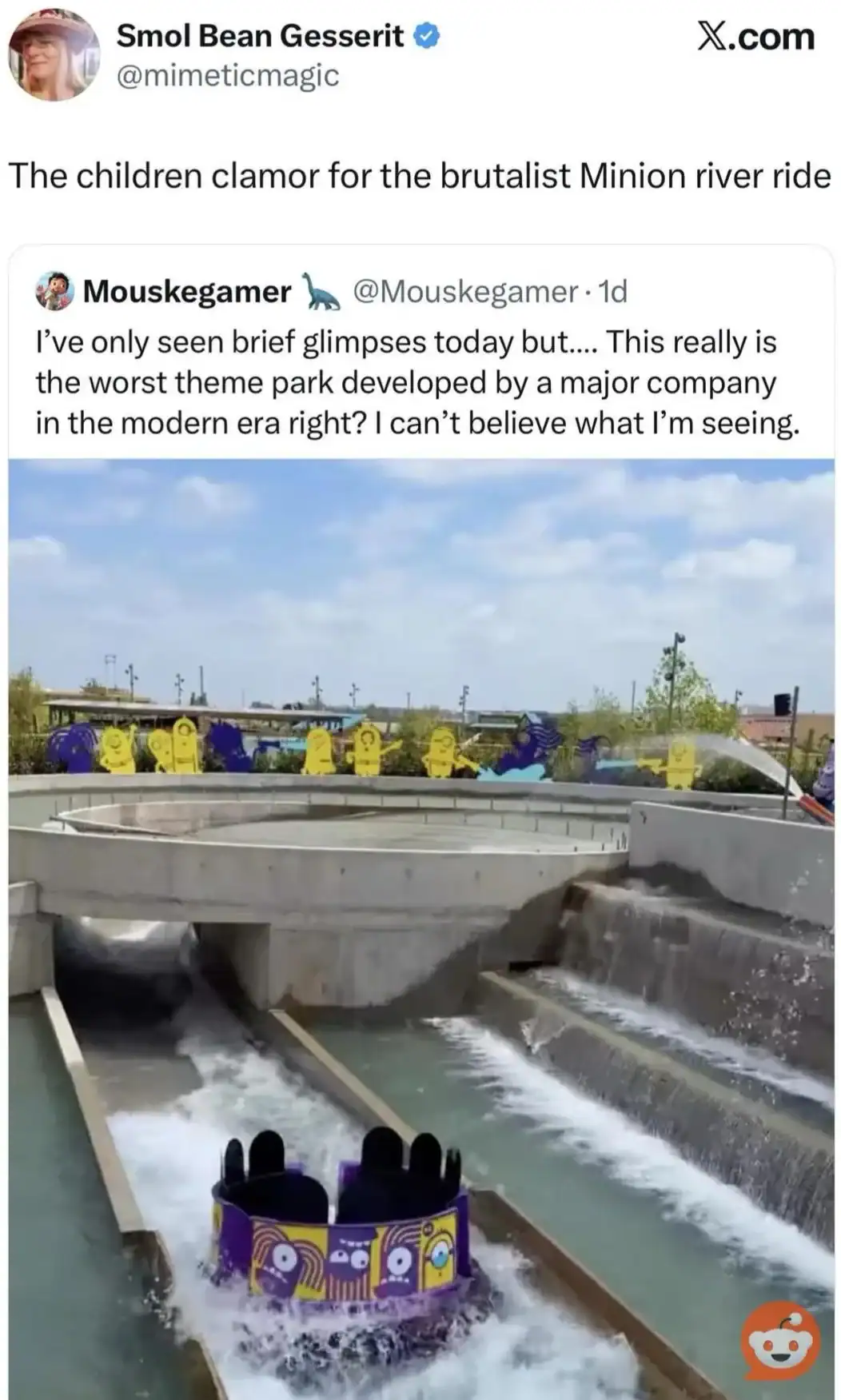 Children on a Minion-themed river ride with water splashing around.