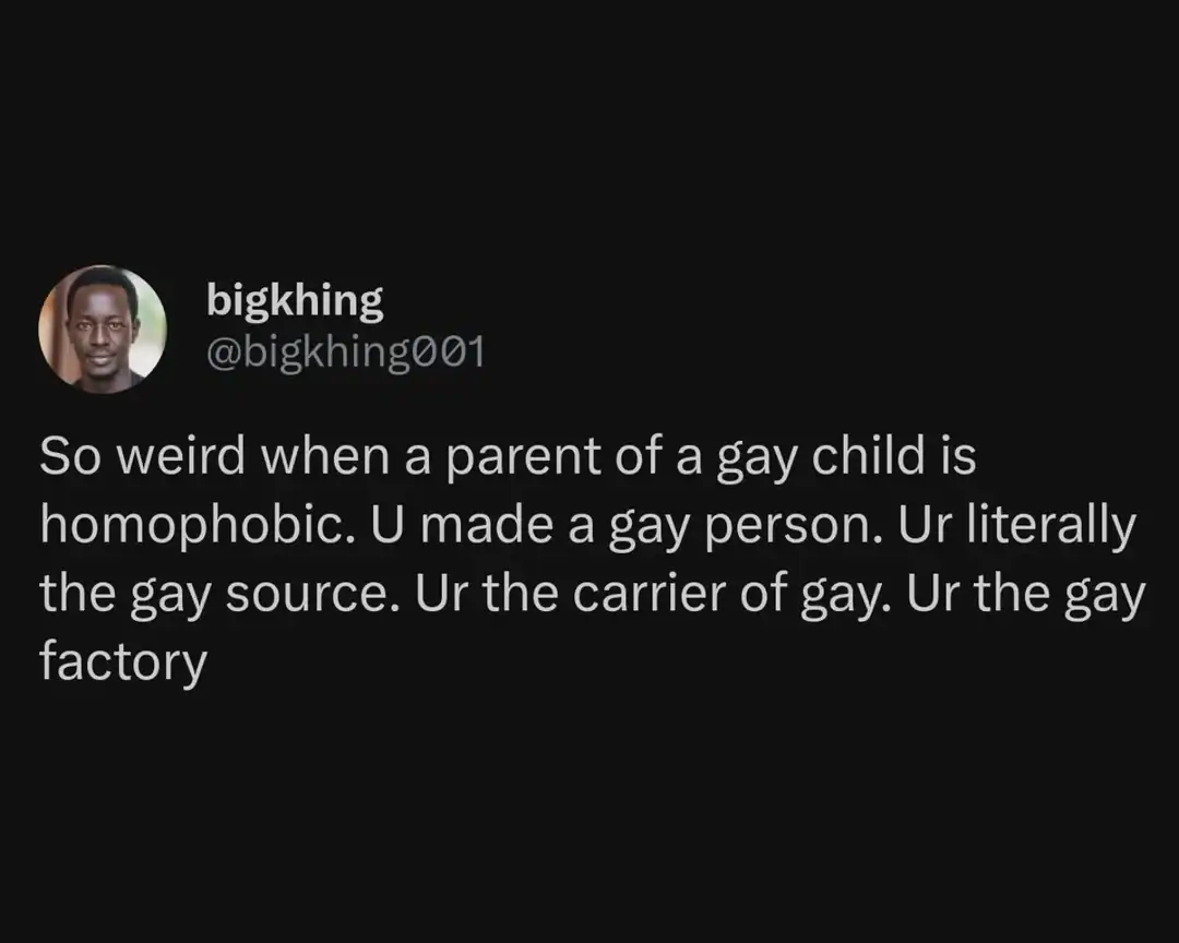 A tweet by bigkhing about the irony of a gay parent being homophobic.