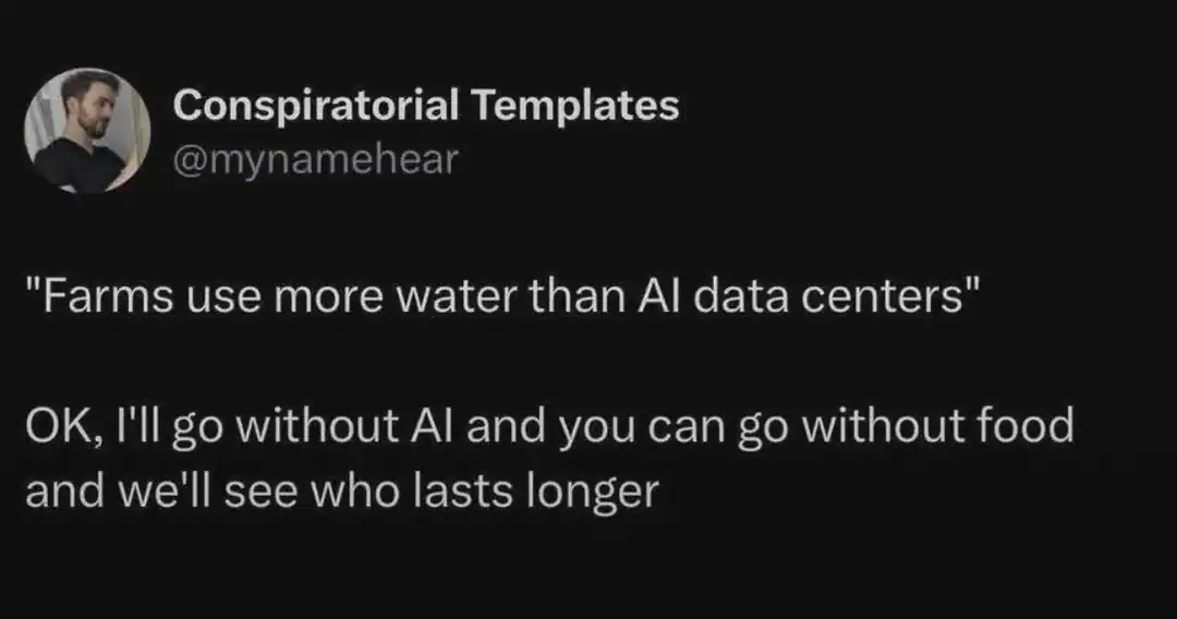 Conspiratorial Templates Twitter post about water use and AI data centers.