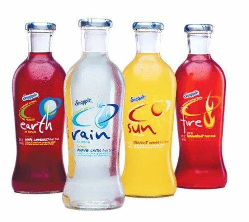 Four Snapple bottles labeled Earth, Rain, Sun, and Fire with colorful liquids.
