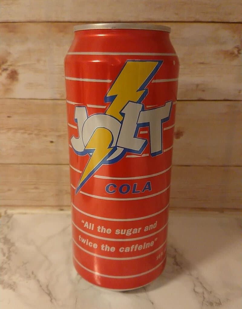 Red can of Jolt Cola with yellow lightning bolt logo and white text.