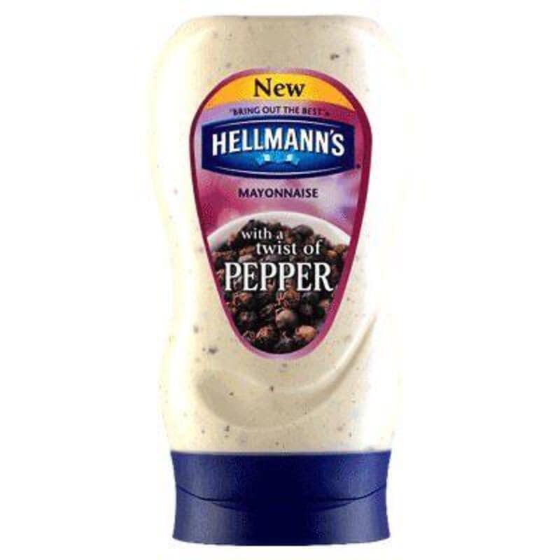 Hellmann's mayonnaise with twist of pepper in a squeeze bottle.