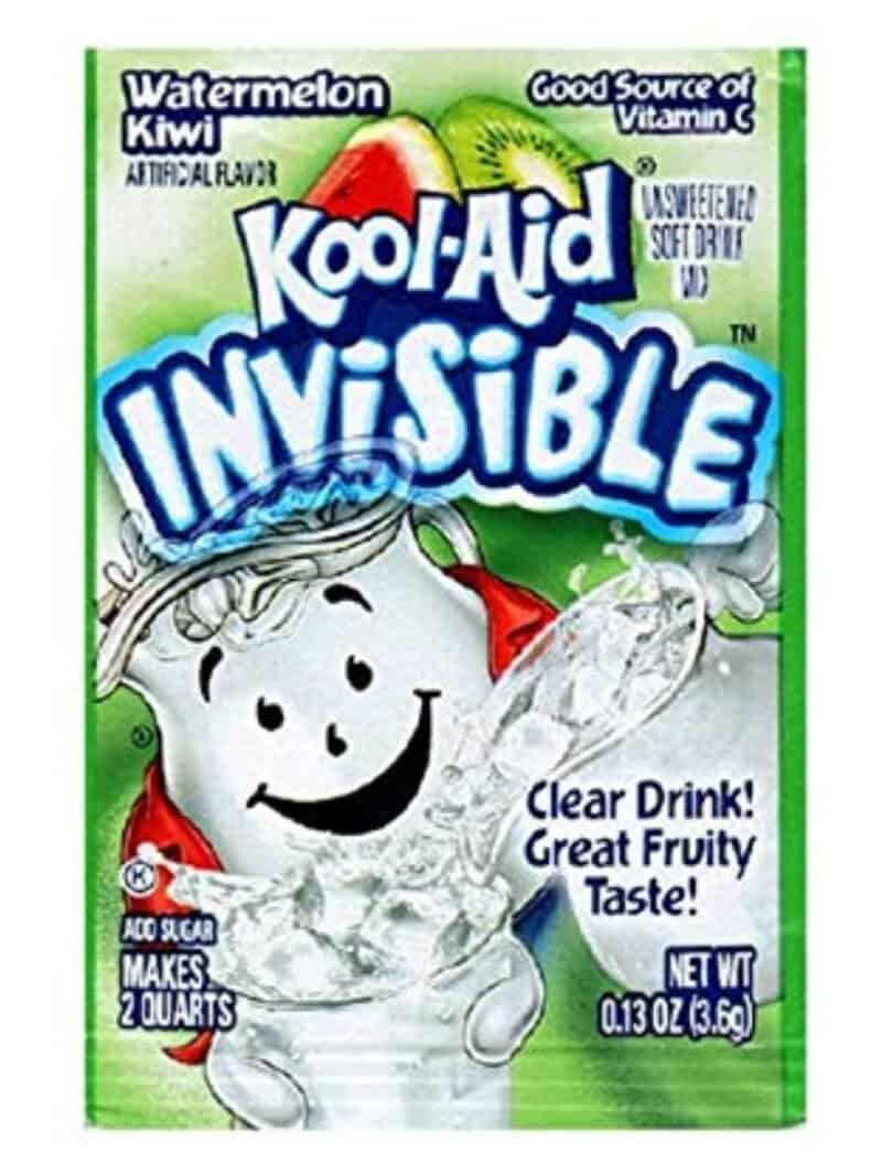 Kool-Aid Invisible Watermelon Kiwi drink packet with smiling face and fruit images.