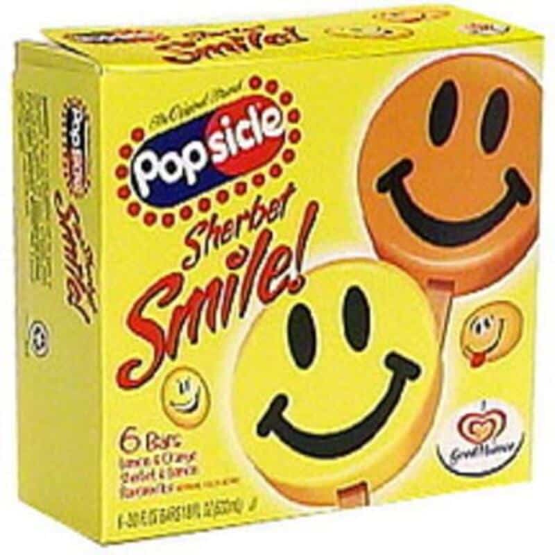 Pop-ice Sherbet Smile! 6 bars, lemon & orange flavor, fun smiley face design.