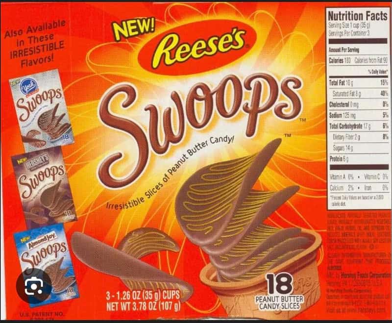 Reese's Swoops peanut butter candy slices in bright orange box with product image.