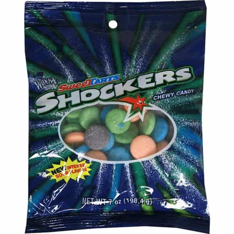Sweet Tarts Shockers chewy candy bag with colorful candies inside.
