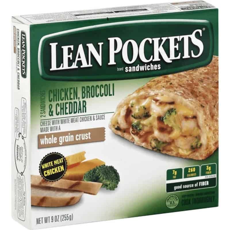 Lean Pockets Chicken, Broccoli & Cheddar sandwich box with image of cooked pocket.