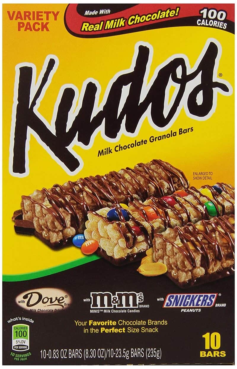 Kudos Milk Chocolate Granola Bars with colorful candies on top, 10 bars in pack.