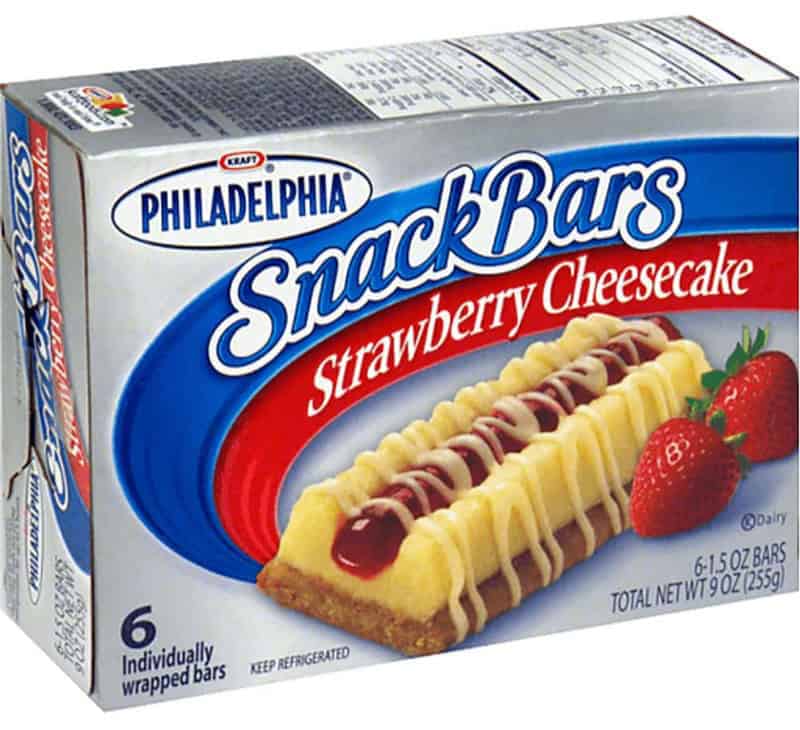 Philadelphia Snack Bars Strawberry Cheesecake, 6 individually wrapped bars, with strawberries.