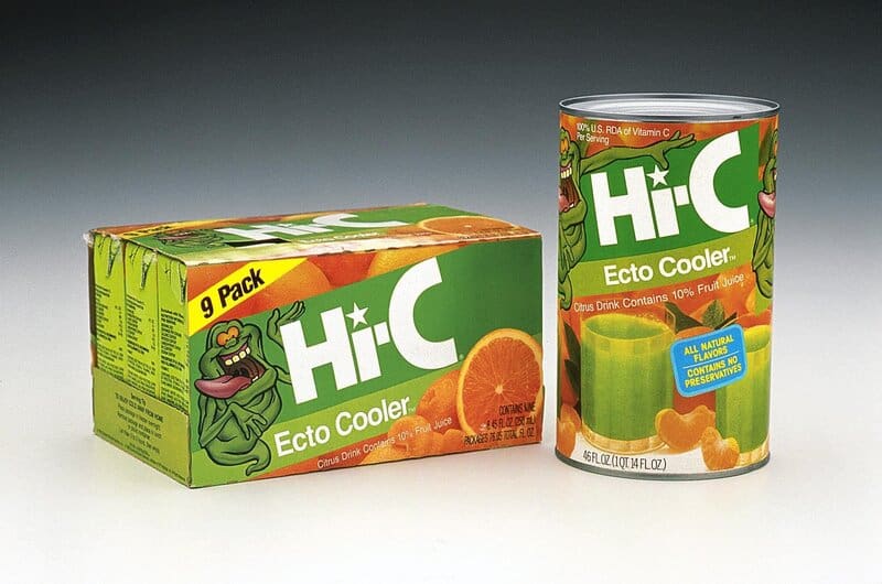 Hi-C Ecto Cooler juice box and 9-pack box with cartoon character and orange slices.