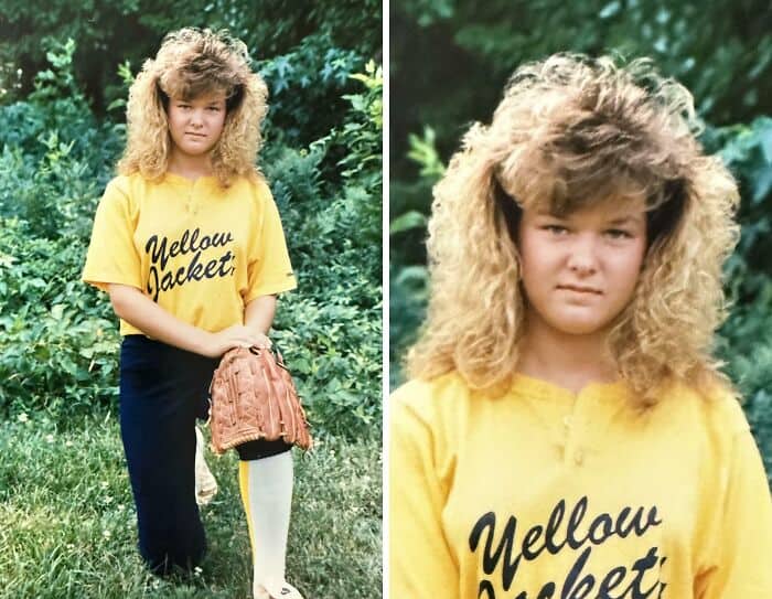 Girl with big, curly 80s hairstyle wearing yellow T-shirt and black pants.