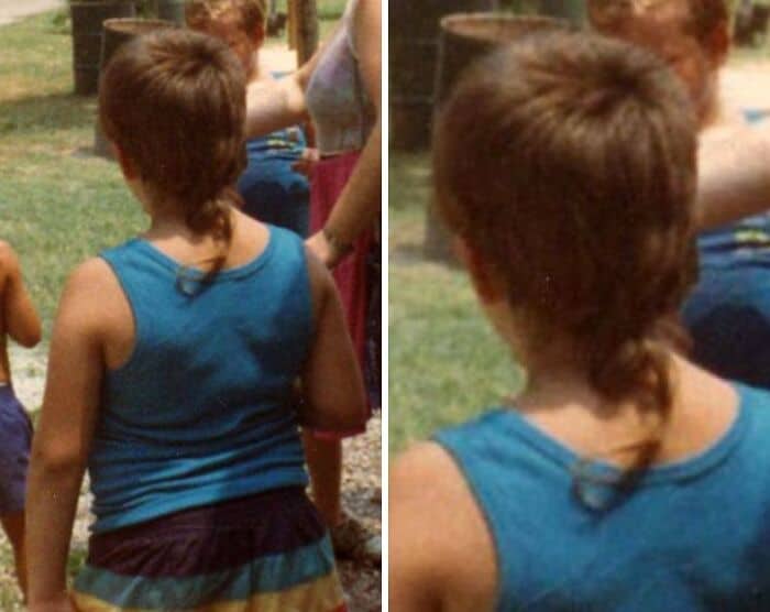 Back view of a person with a 1980s/90s hairstyle, wearing a blue tank top.