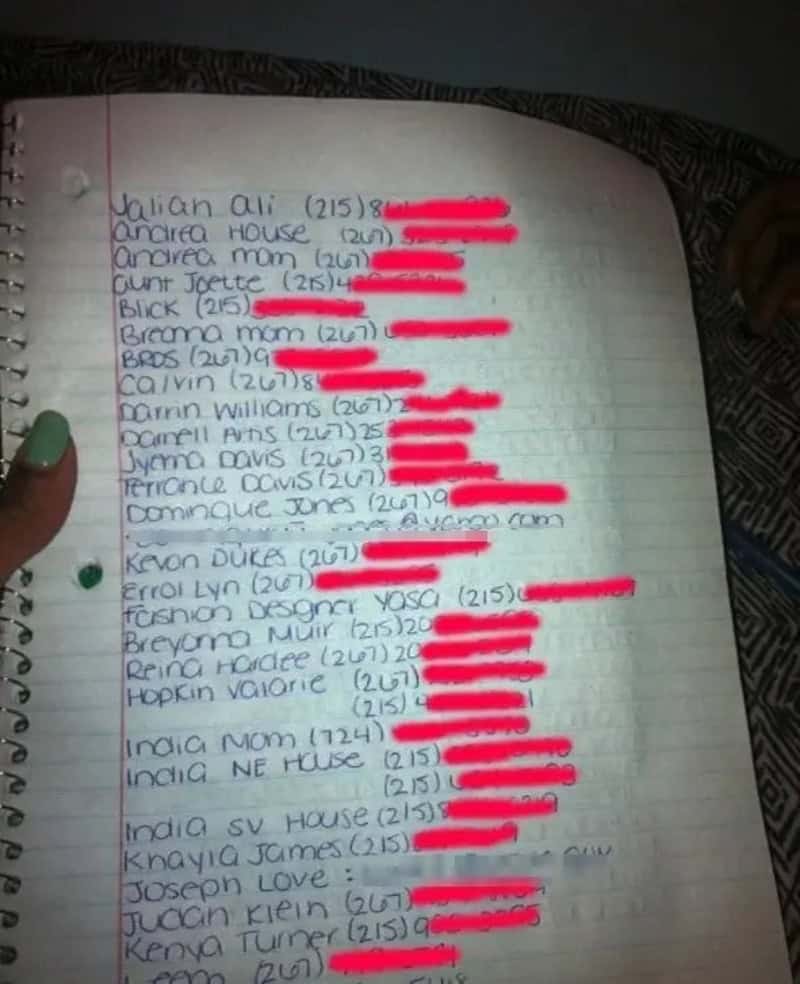 List of names and phone numbers written on a notebook page.