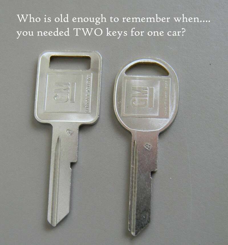 Two old metal car keys with a caption about remembering when two keys were needed for one car.