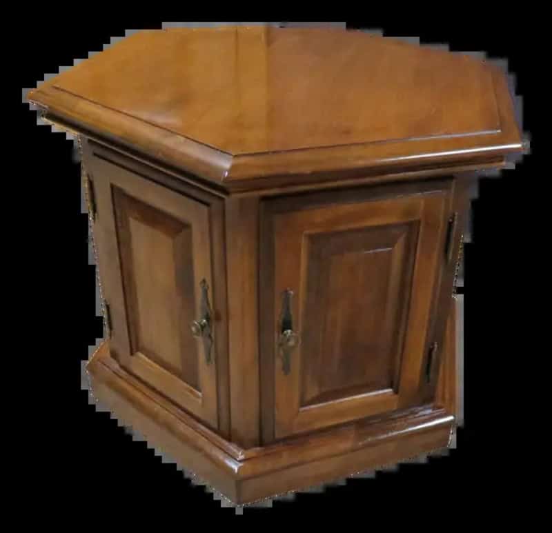 Vintage wooden cabinet with a curved top and two doors with handles.