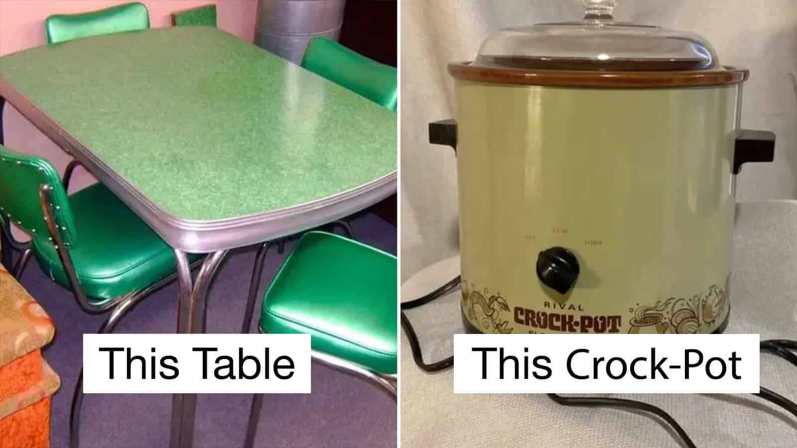 Vintage green table with matching chairs and a crock-pot on a counter.