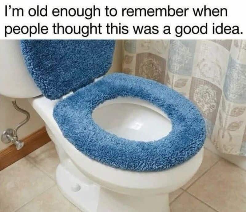 Toilet with a blue fuzzy seat cover and a matching lid cover, in a bathroom.