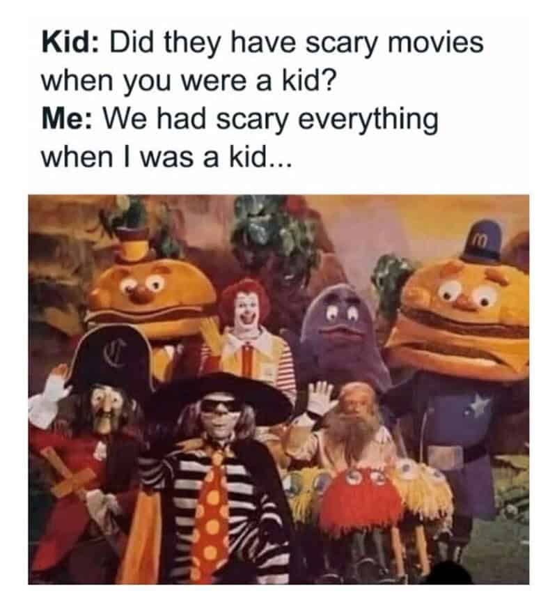 Kids ask about scary movies; adults recall childhood fears, with a background of colorful characters.