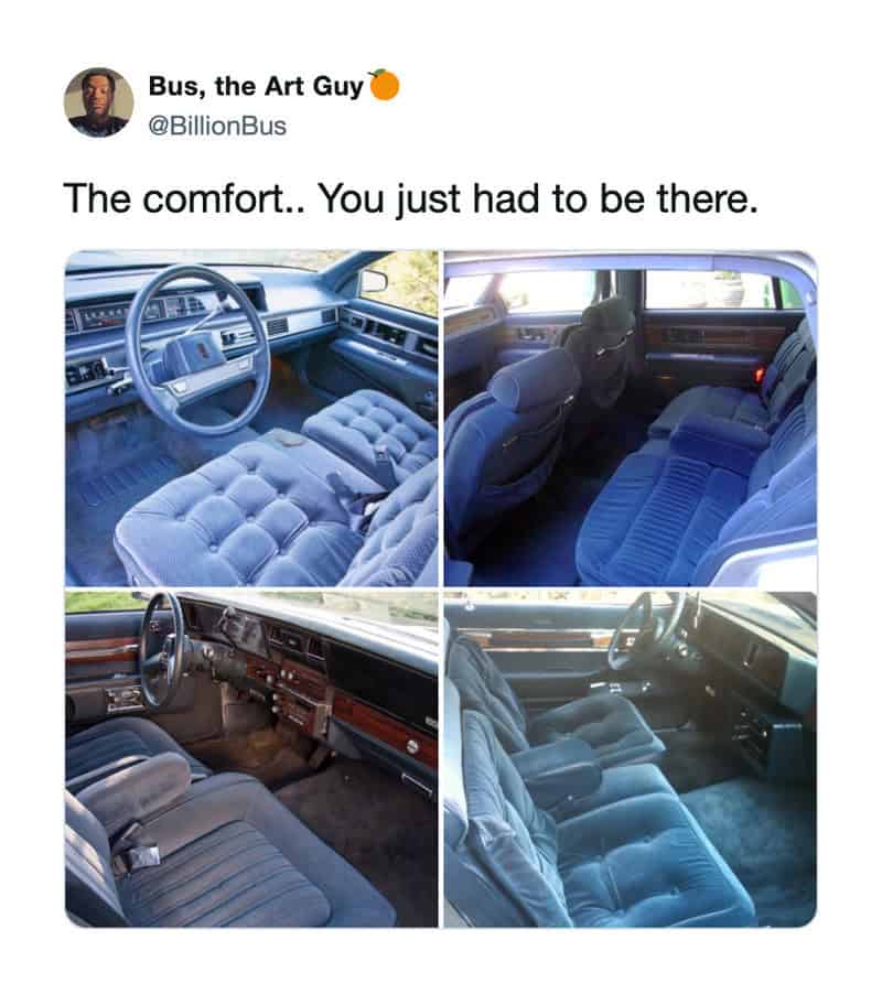 Four images of vintage car interiors with plush blue seats, captioned 'The comfort.. You just had to.