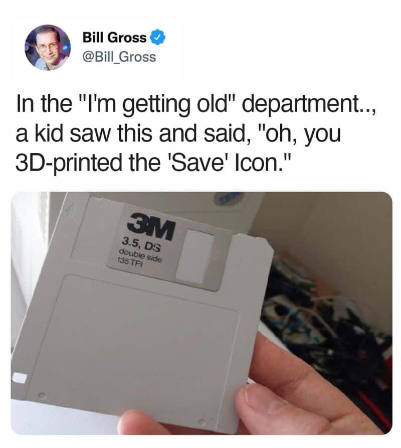 Child sees 3D-printed 'Save' icon on floppy disk in old department.