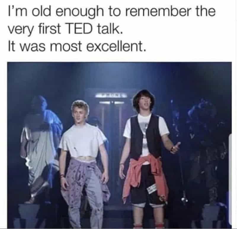 Two young people on stage with a quote about their first TED talk.
