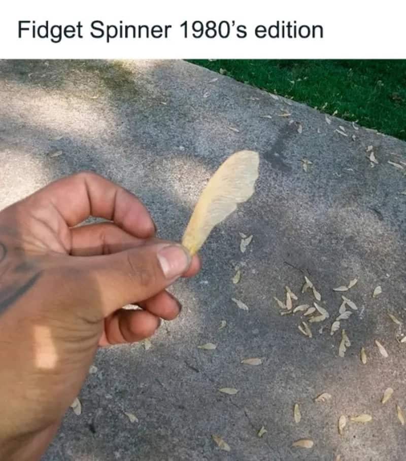 Fidget spinner 1980's edition with a feather on a hand and fallen leaves on ground.