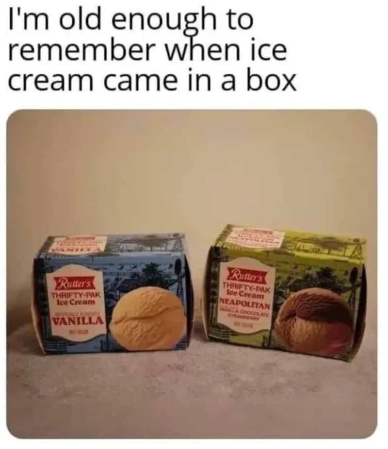 Old ice cream boxes with vanilla and neapolitan flavors, nostalgic meme.