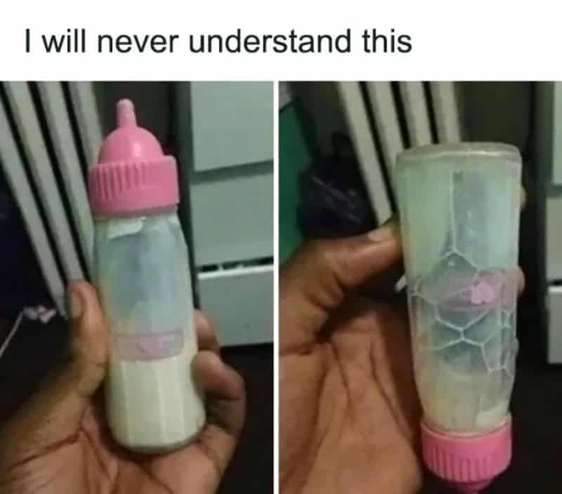 Comparison of a baby bottle with and without a cover, captioned "I will never understand this".