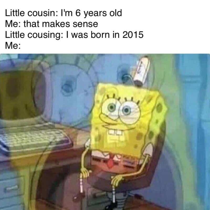 SpongeBob with a blurred background and a meme caption about a 6-year-old and a birth year.