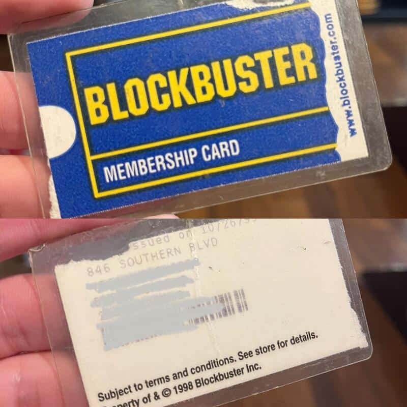 Blockbuster membership card with blue and yellow design, and barcode.